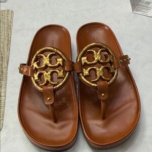 Tory Burch Brown Leather Logo Thong Sandals with Gold Tone Emblem